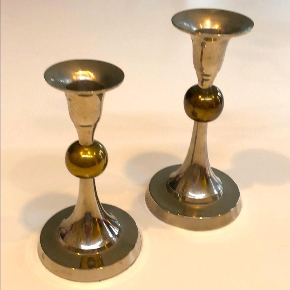 Vintage pair of silver and brass candle holders